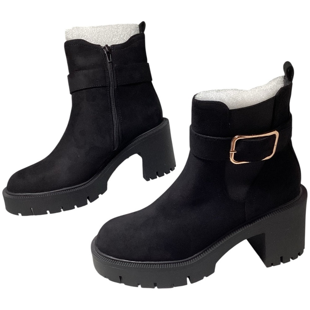 Rouge Helium Black Chunky Heeled Boots with Gold Buckle Size 8