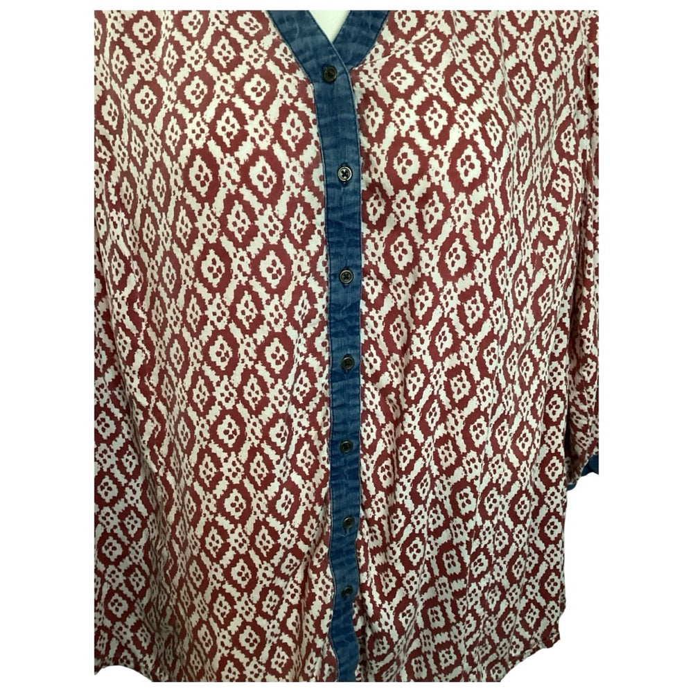 Kim Rogers Burgundy and Navy Geometric Blouse, Plus Size 2X