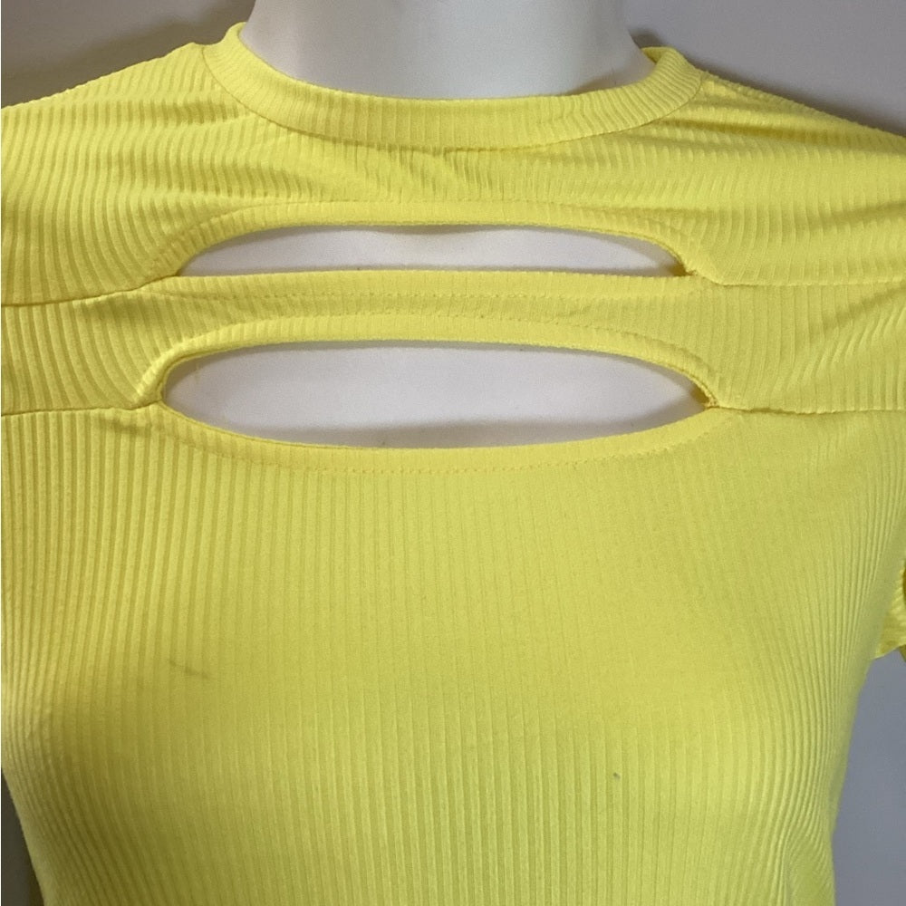 Plus Size, Vibrant Yellow Ruched Short Sleeve Tee with Cut-Outs, Size 2X