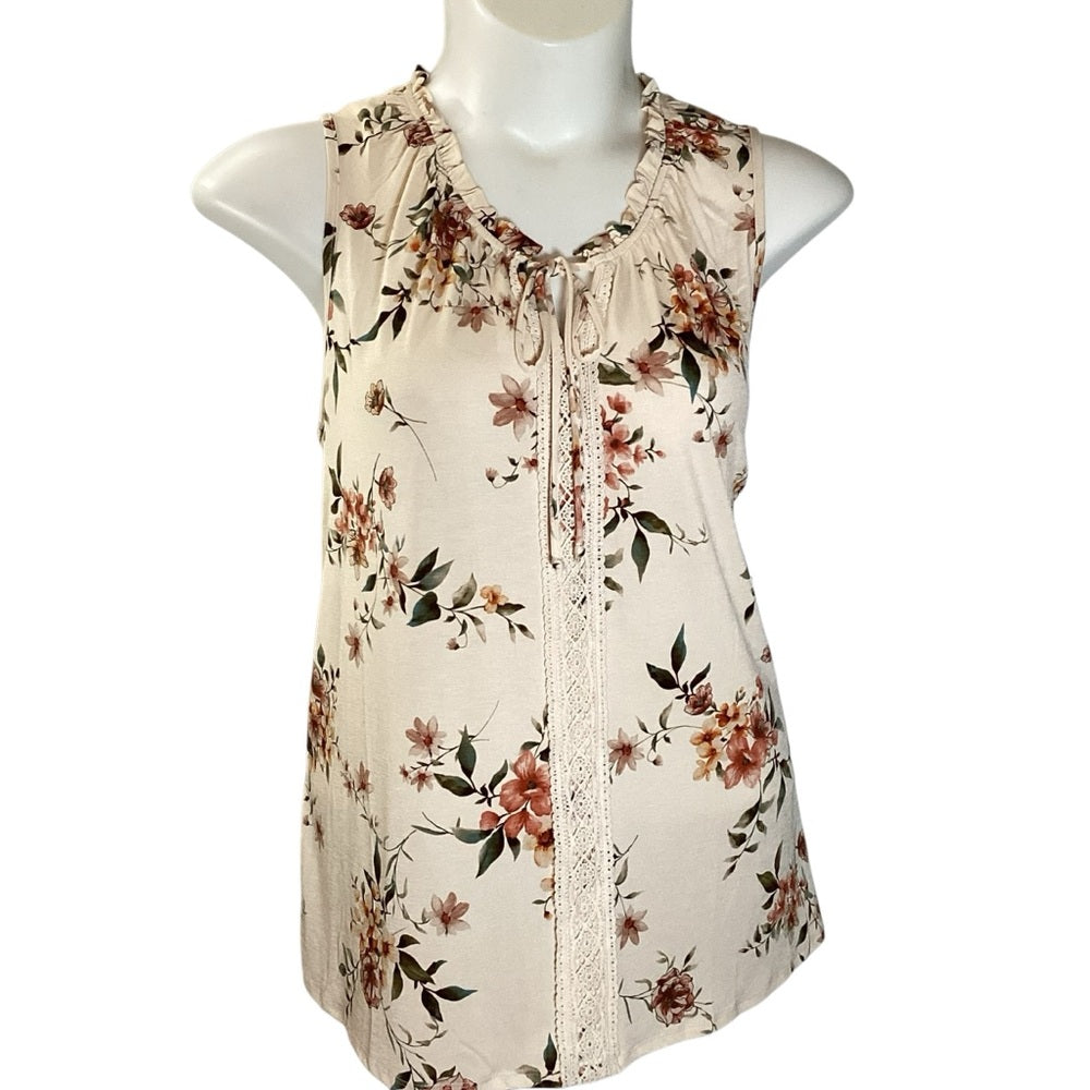 NAIF Cream Floral Sleeveless Tie Front Blouse, Plus Size 2X