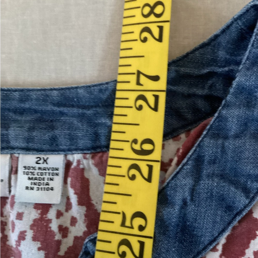 Kim Rogers Burgundy and Navy Geometric Blouse, Plus Size 2X