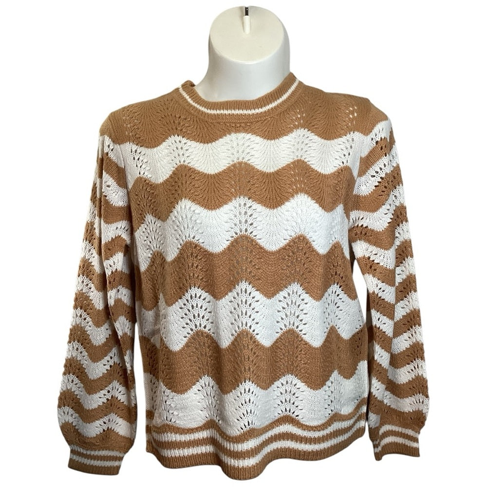 Caren Sport Chevron Knit Sweater - Tan and White Plus Size 1X