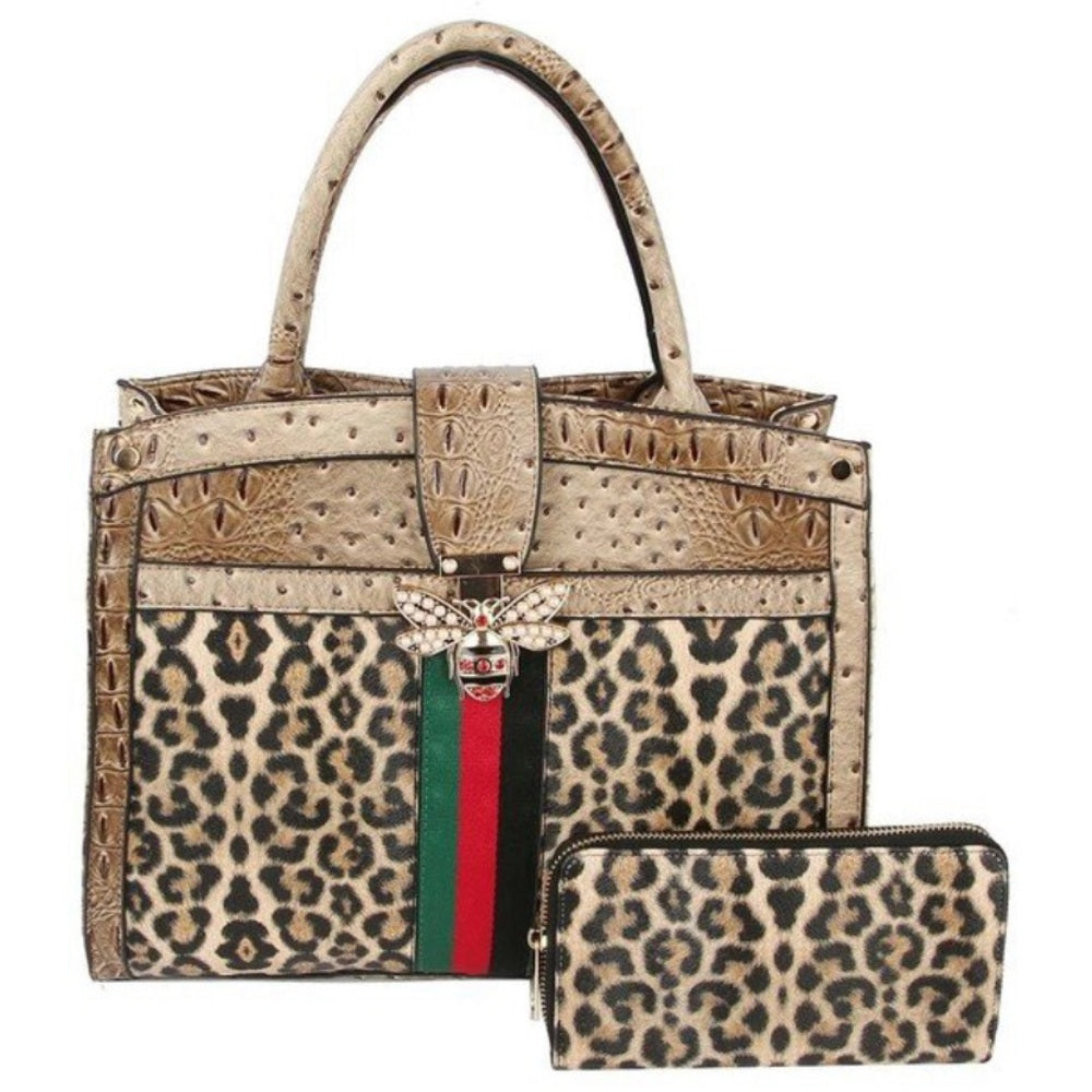Elegant Leopard Print and Gold Satchel Set
