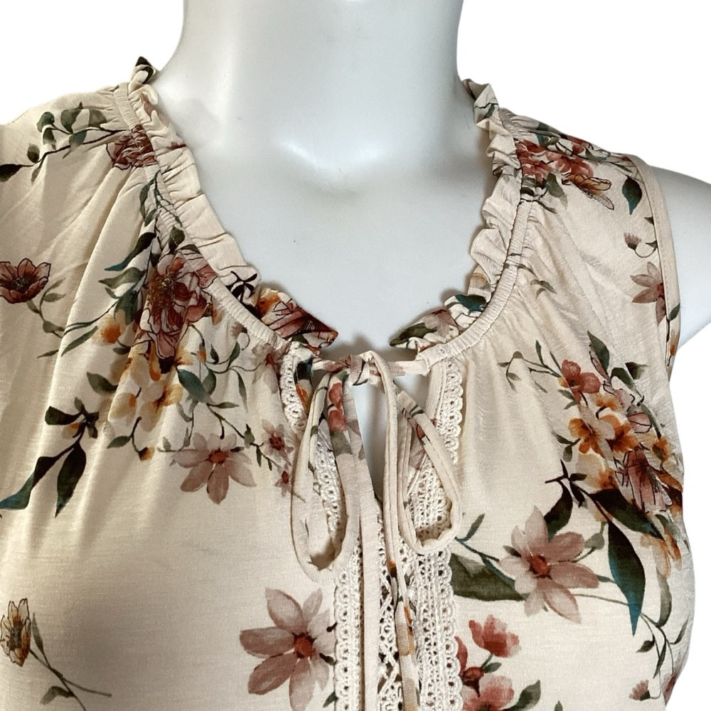 NAIF Cream Floral Sleeveless Tie Front Blouse, Plus Size 2X