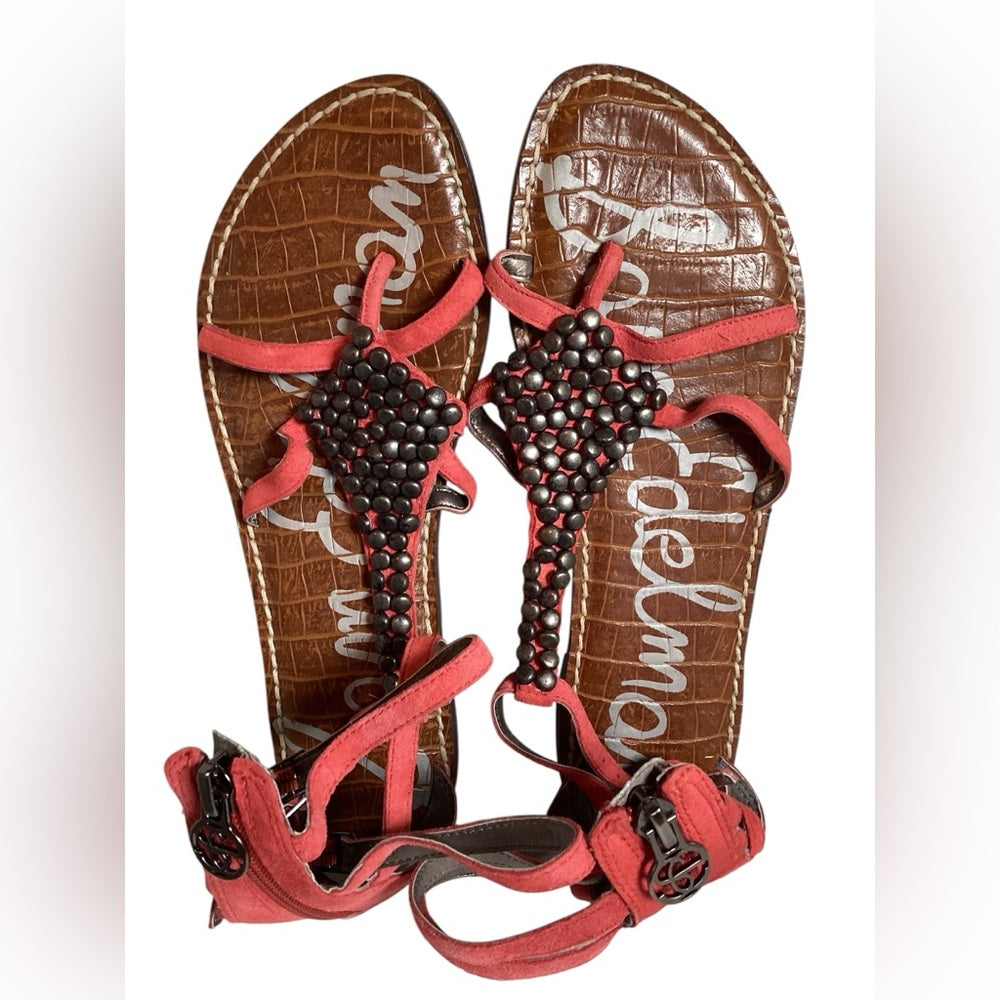 Sam Edelman Coral Colored Beaded Sandals, Size 7.5