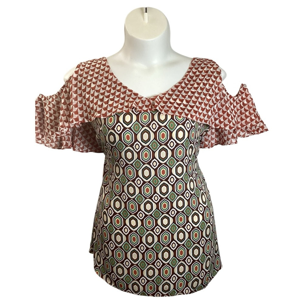 Cato Cold Shoulder Geometric Blouse - Red and Green Plus Size 4X