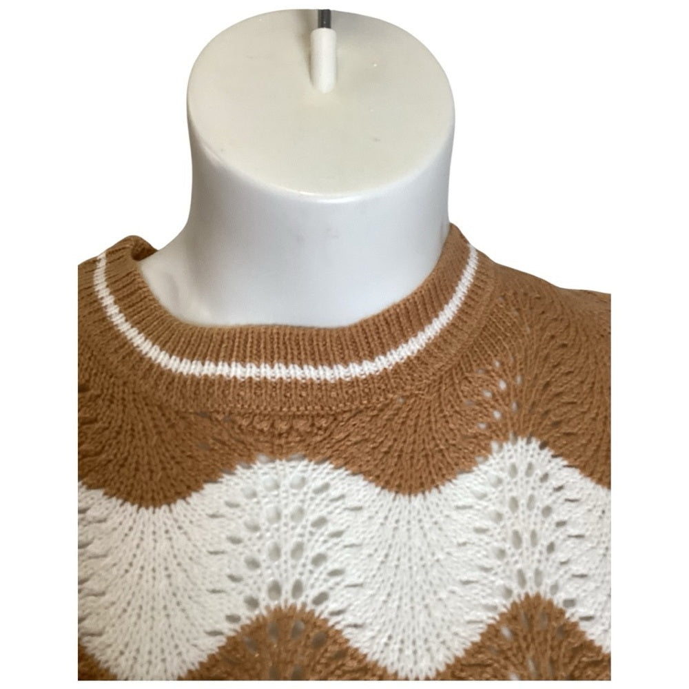 Caren Sport Chevron Knit Sweater - Tan and White Plus Size 1X