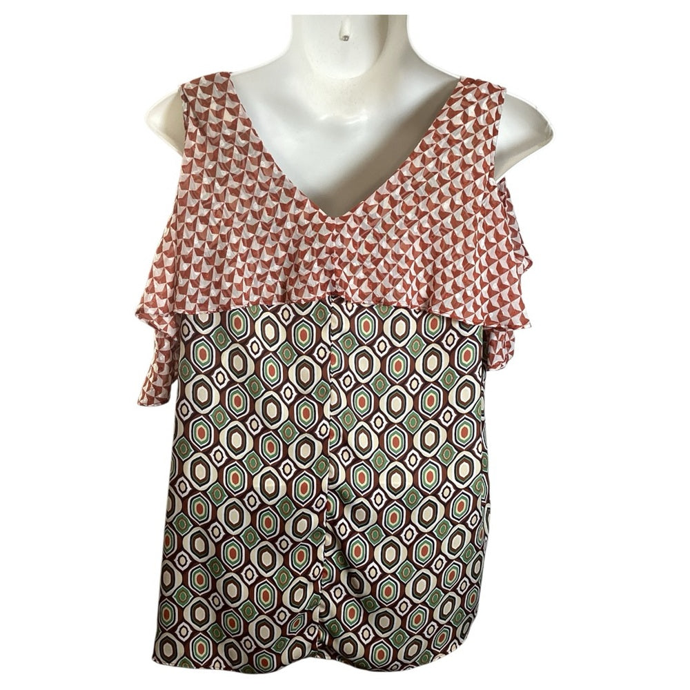 Cato Cold Shoulder Geometric Blouse - Red and Green Plus Size 4X