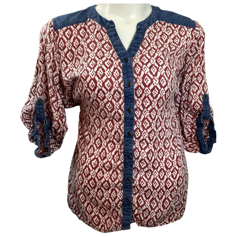 Kim Rogers Burgundy and Navy Geometric Blouse, Plus Size 2X