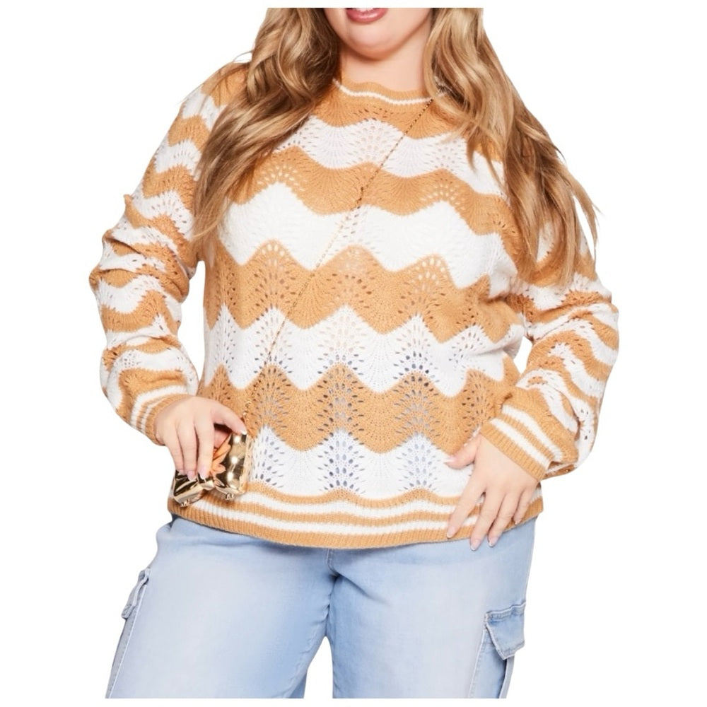 Caren Sport Chevron Knit Sweater - Tan and White Plus Size 1X