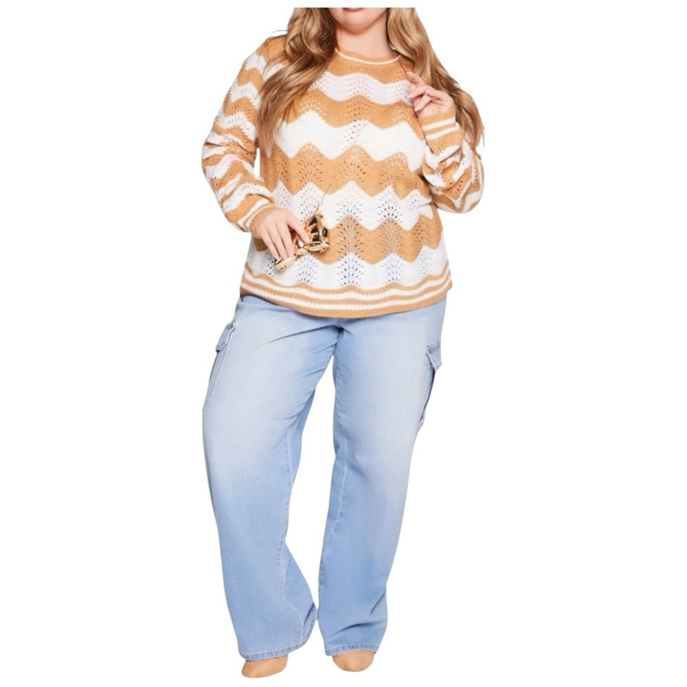 Caren Sport Chevron Knit Sweater - Tan and White Plus Size 1X
