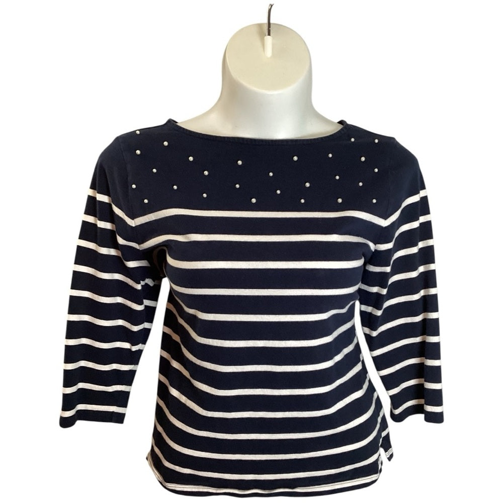 Talbots Navy Blouse with White Stripes and Dots, Plus Size 2X
