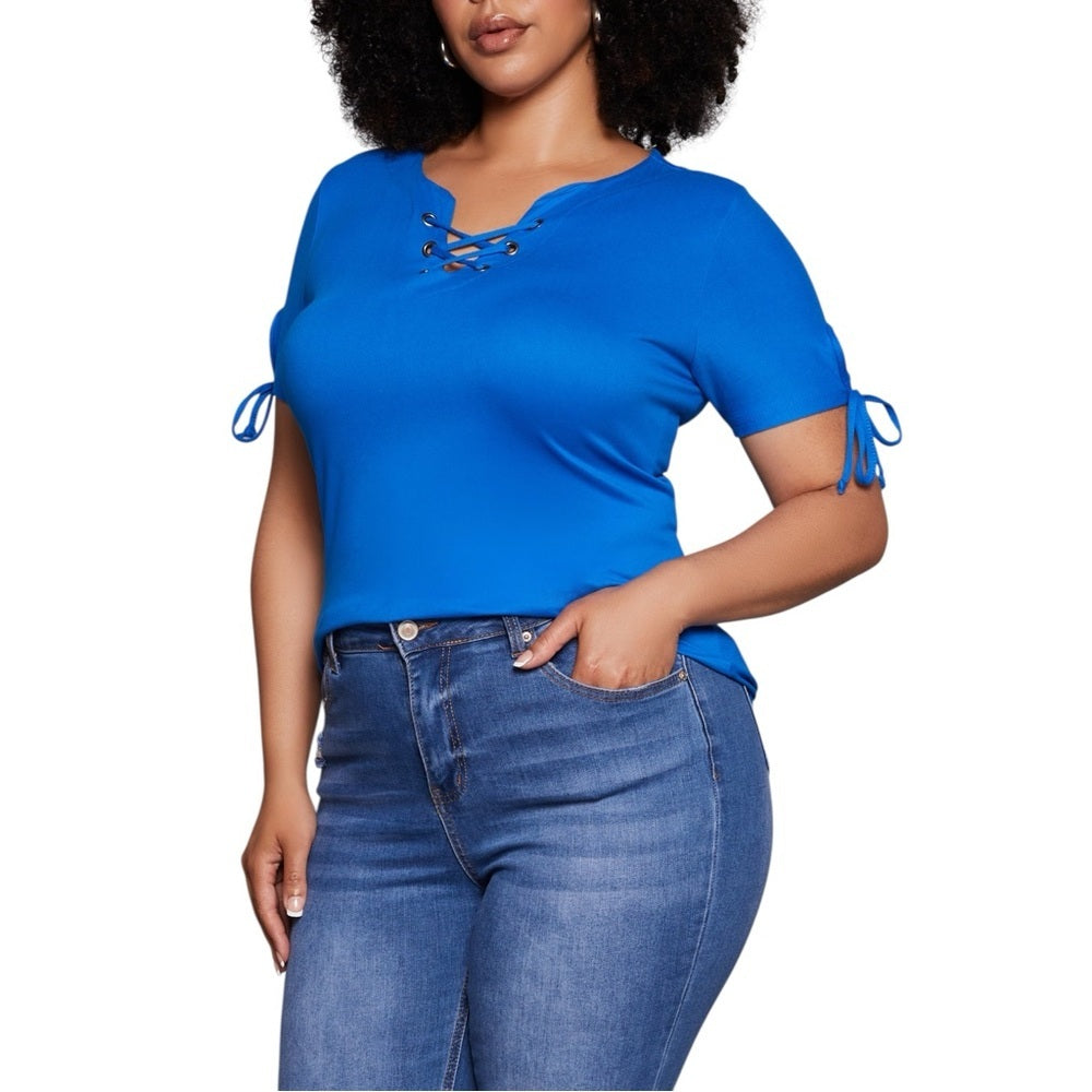 Plus Size Blue Fitted Tie Front Short Sleeve Tee, Size 4X