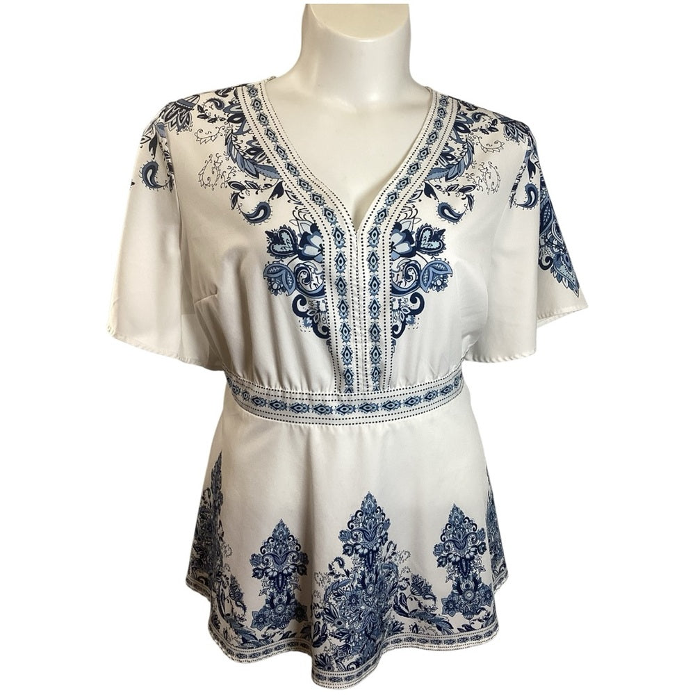 BloomChic Blue and White Patterned Blouse, Plus Size 22/24 (3X)