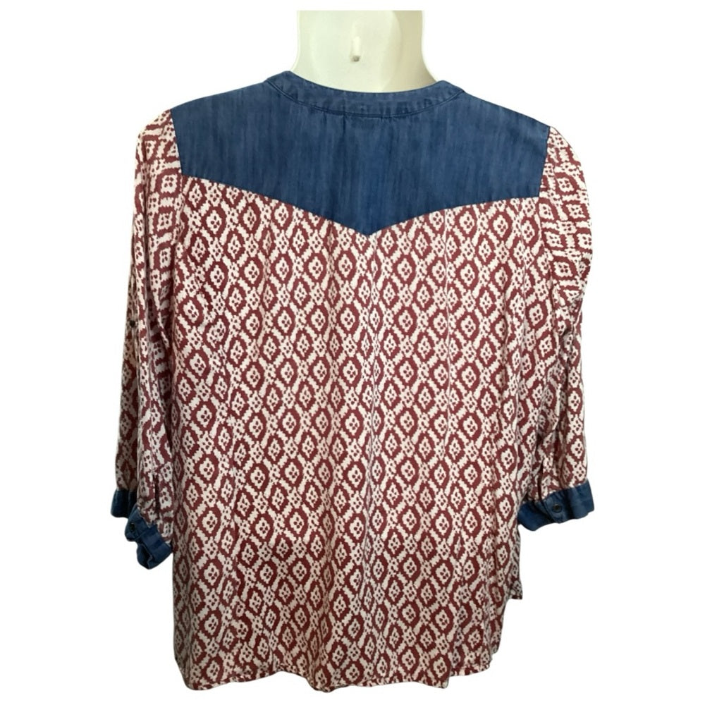 Kim Rogers Burgundy and Navy Geometric Blouse, Plus Size 2X