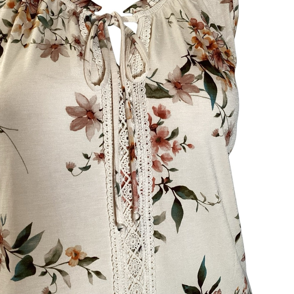 NAIF Cream Floral Sleeveless Tie Front Blouse, Plus Size 2X