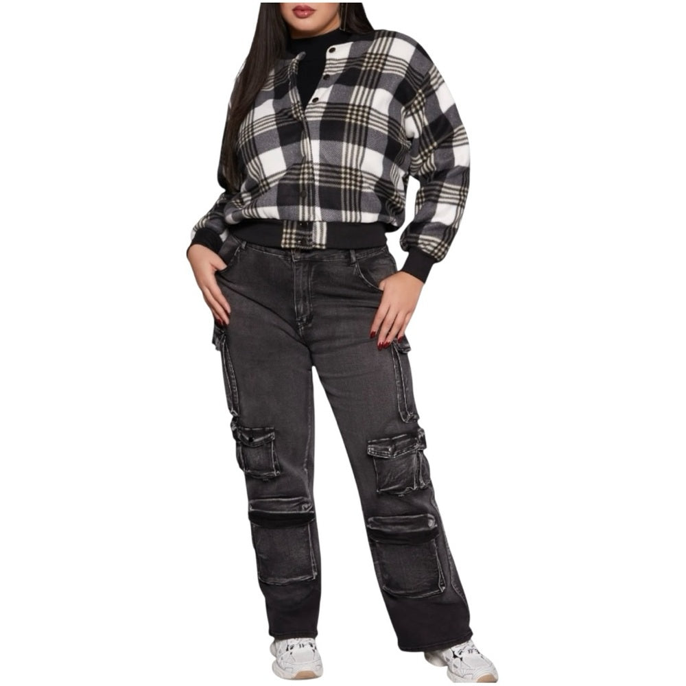 Plaid Black and White Women's Jacket, Plus Size 1X
