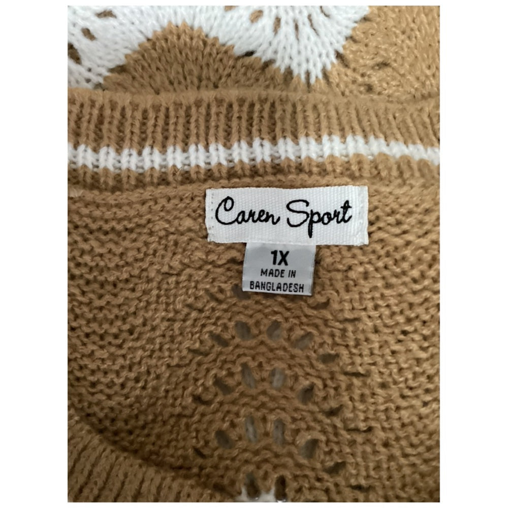 Caren Sport Chevron Knit Sweater - Tan and White Plus Size 1X
