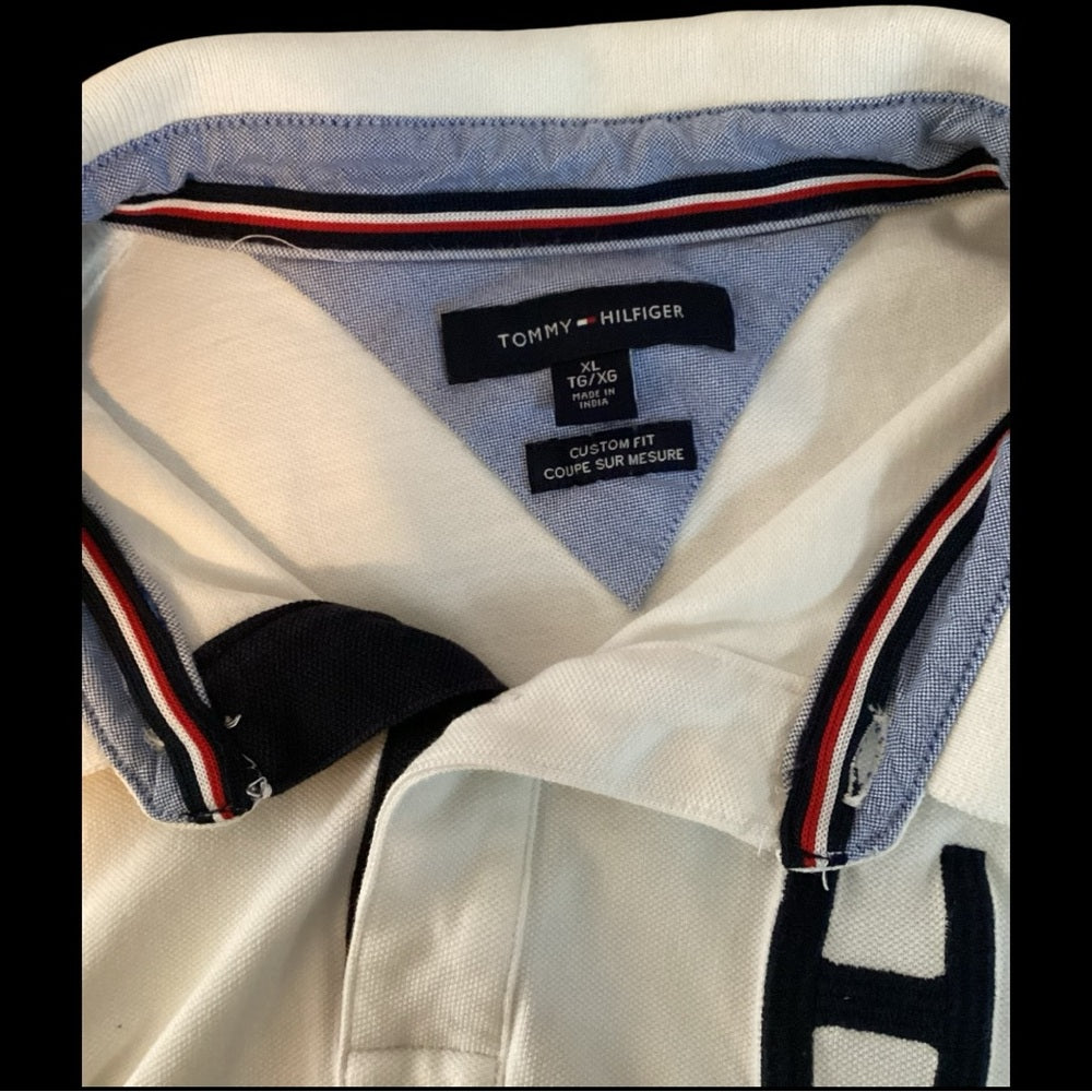Tommy Hilfiger Cream Polo with Navy and Orange Accents, Size XL