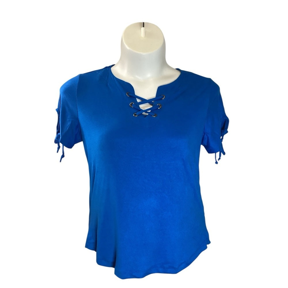 Plus Size Blue Fitted Tie Front Short Sleeve Tee, Size 4X