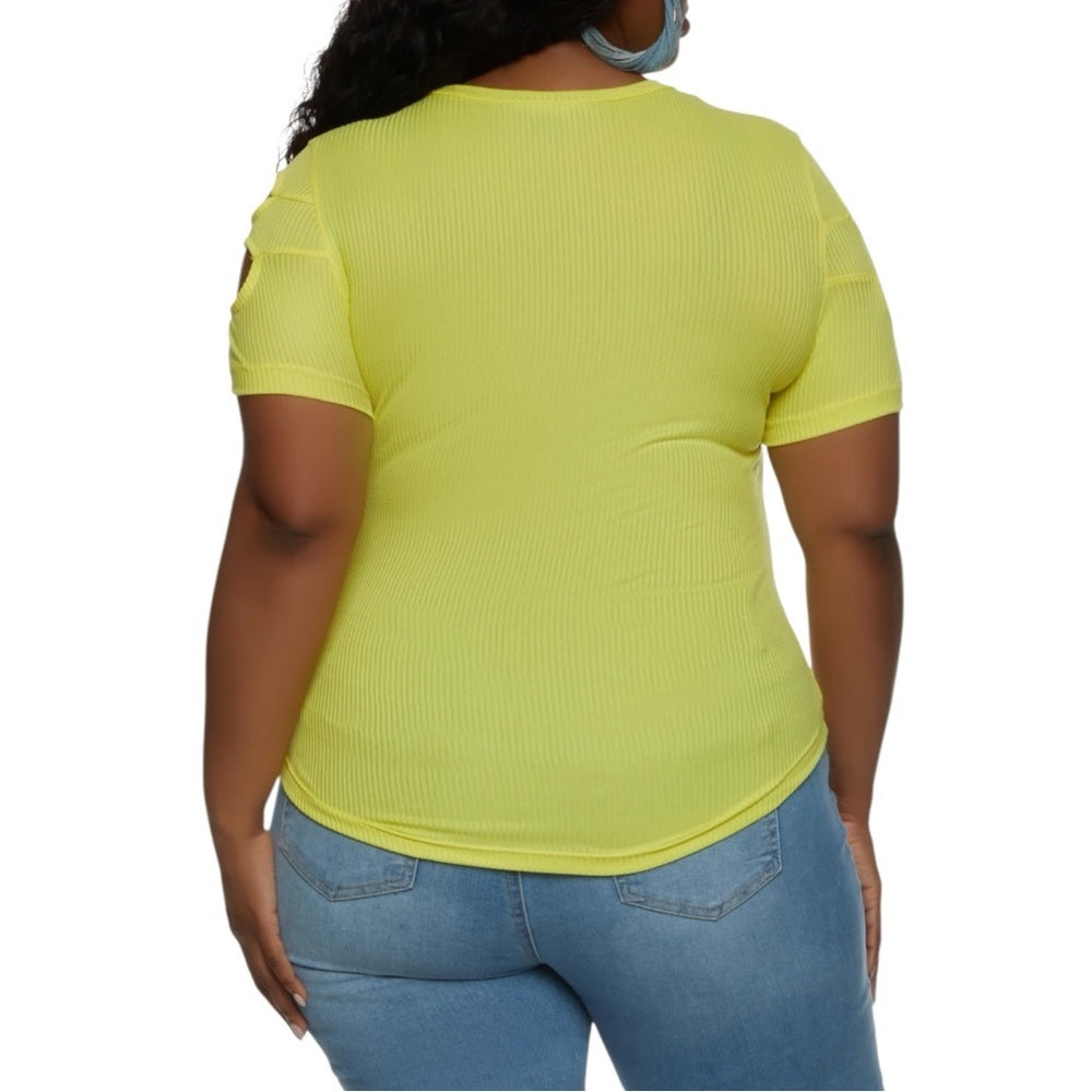 Plus Size, Vibrant Yellow Ruched Short Sleeve Tee with Cut-Outs, Size 2X