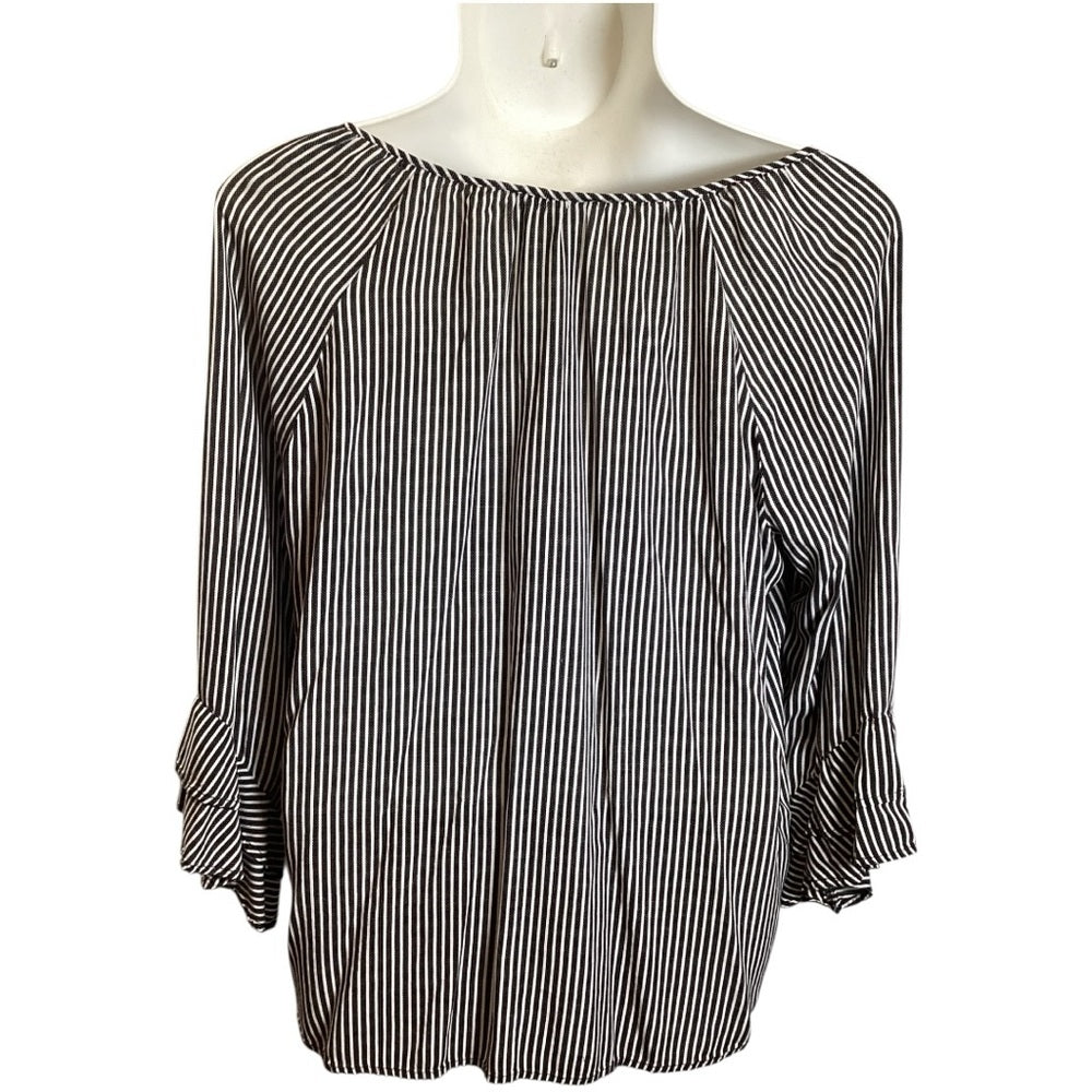 Fred David Black and White Striped Blouse, Plus Size 2X