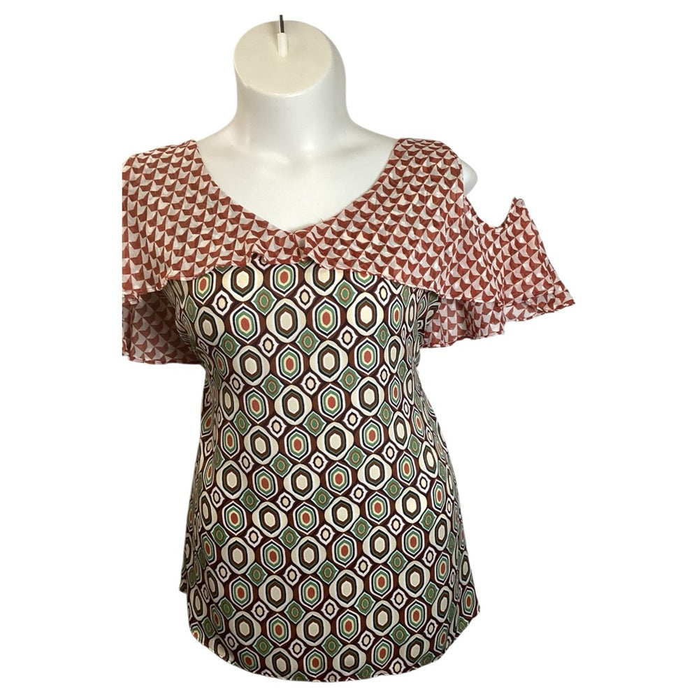 Cato Cold Shoulder Geometric Blouse - Red and Green Plus Size 4X