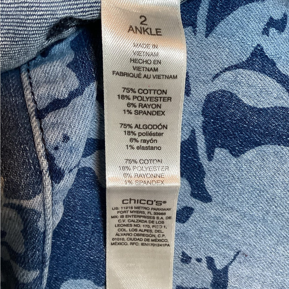 Chico's Blue Floral Denim Jeans, Stretch, Size 12 (2 Chico’s)