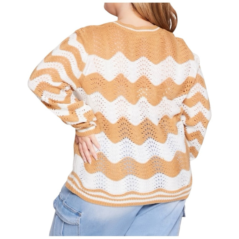Caren Sport Chevron Knit Sweater - Tan and White Plus Size 1X