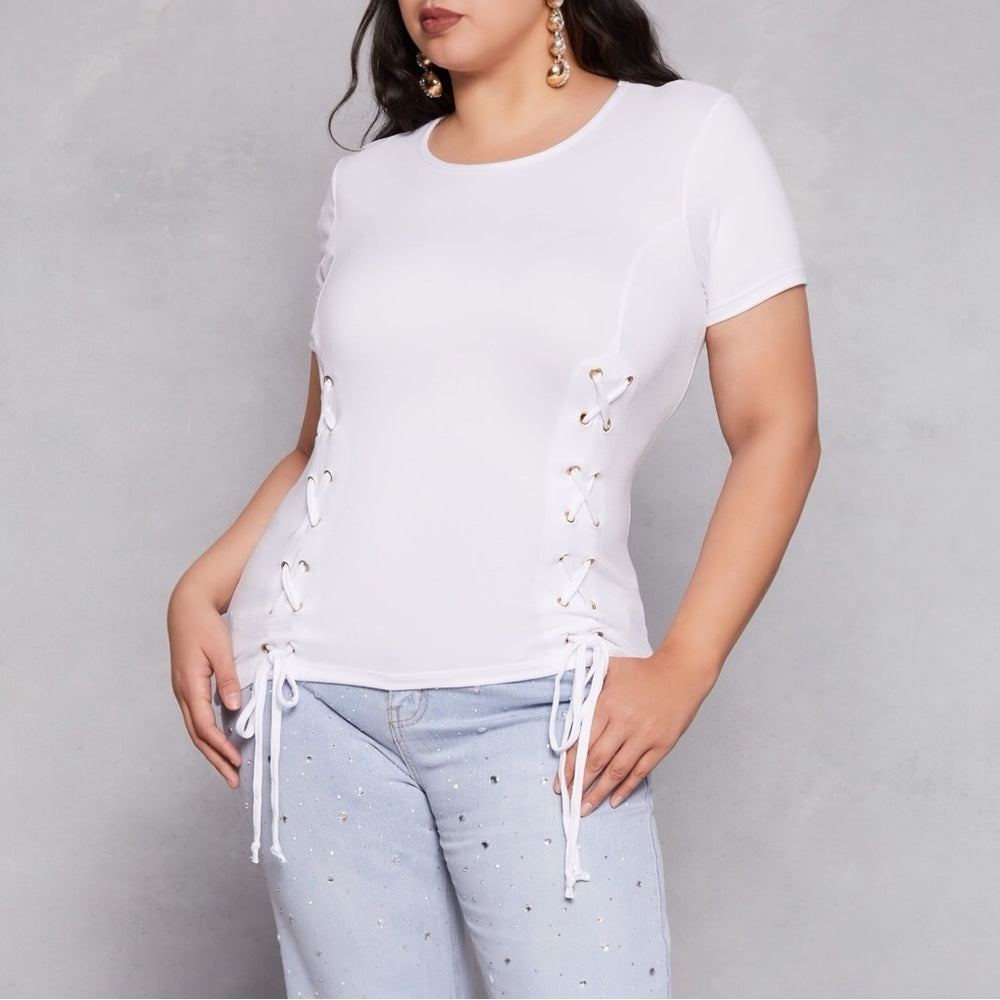 Plus Size, White Fitted Short Sleeve Tie Front T-Shirt, Size 3X