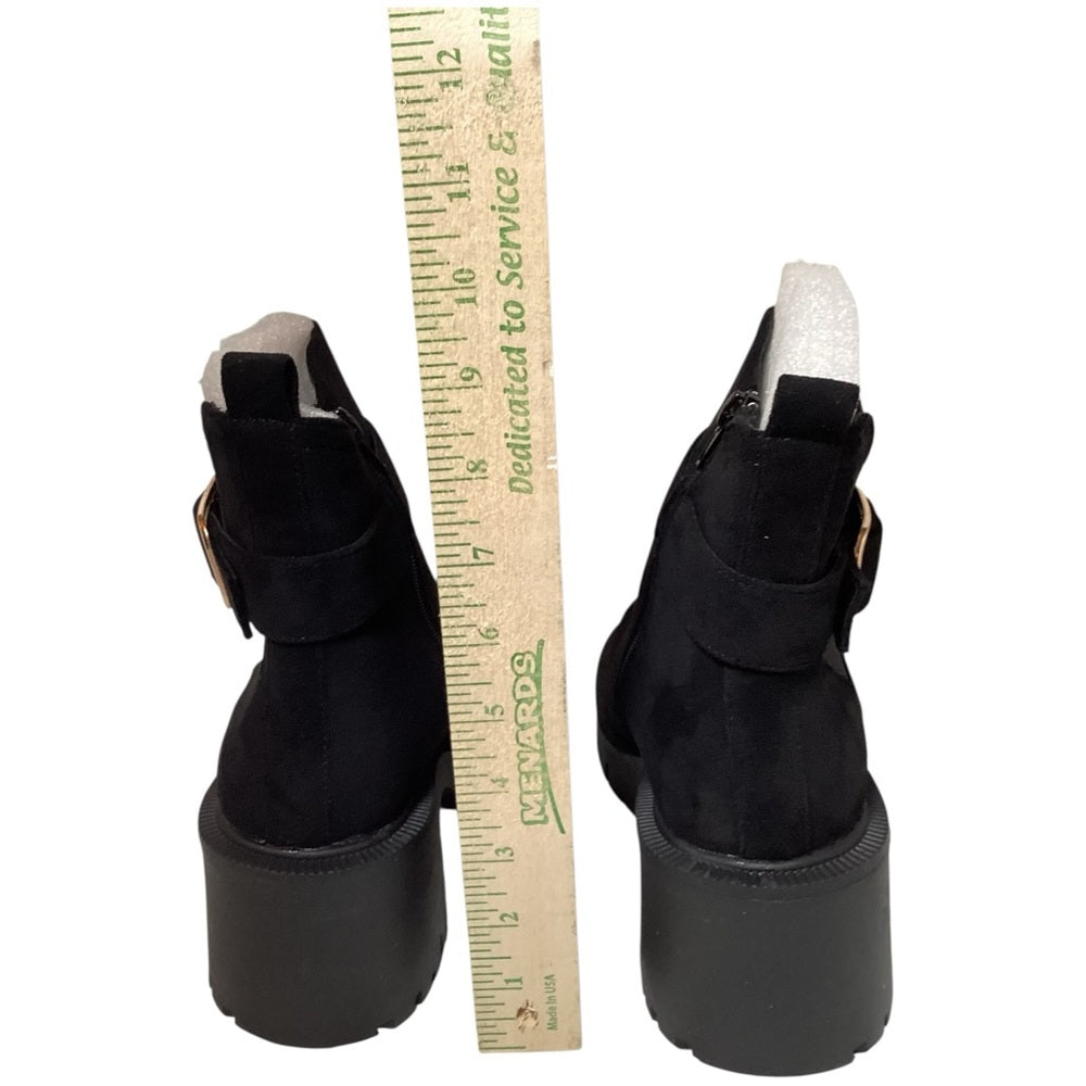 Rouge Helium Black Chunky Heeled Boots with Gold Buckle Size 9