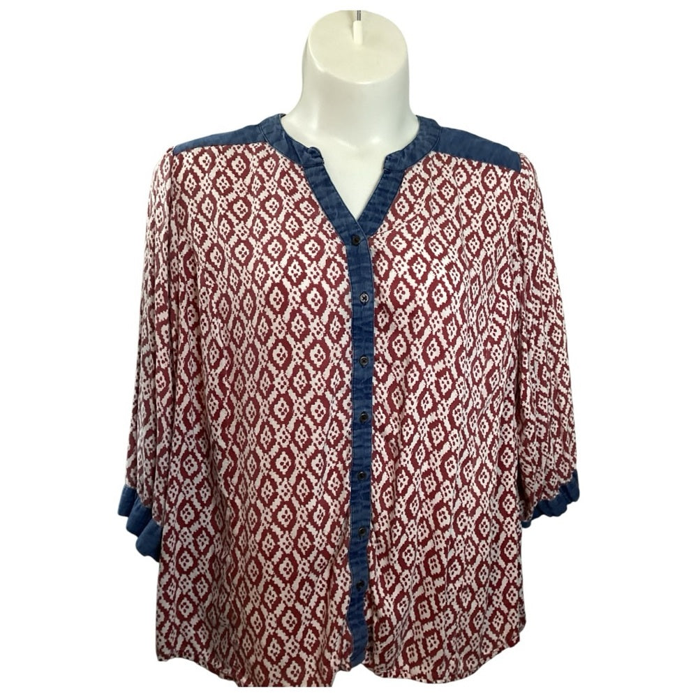 Kim Rogers Burgundy and Navy Geometric Blouse, Plus Size 2X