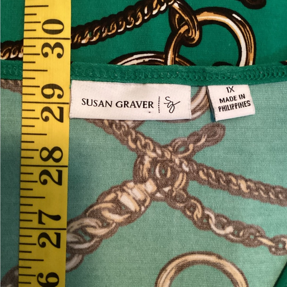 Susan Graver Teal Blouse with Chain Design, Plus Size 1X