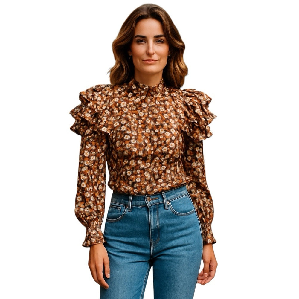 Ashley Stewart Floral Ruffle Blouse - Brown, Plus Size 16